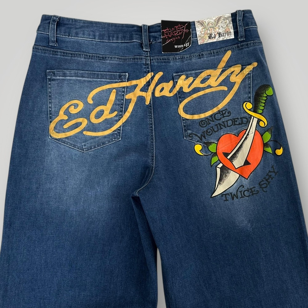 NEW Ed Hardy Heart Dagger Jeans Womens 34 Blue Wide Leg High Rise Tattoo Stretch